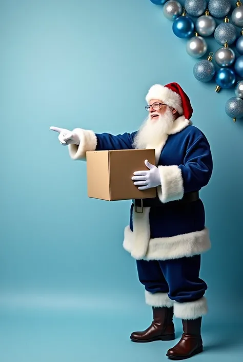 Professional studio photo of Santa Claus with clothes in blue instead of red in the right corner of the image holding cardboard box pointing to the left corner of the image clean gradient background in light blue tones,  Christmas ornaments only in the upp...