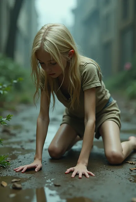 Skinny blonde teenage girl crawling