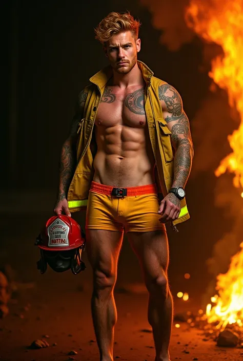  An Argentinian man with Italian features very attractive 25 years old . He is a firefighter .  Short, wavy blond red-haired hair . Muscular and defined body , very very fair skin.  He wears yellow and orange briefs and an open firemans jacket without a t-...