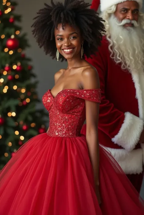  Create high quality 4k 8k B-ROLL images in high definition of shiny American skin, African and Latin ,  smiling,  Very beautiful black layered tulle ball dress with shoulder to shoulder design .  With a Santa Claus suit  

