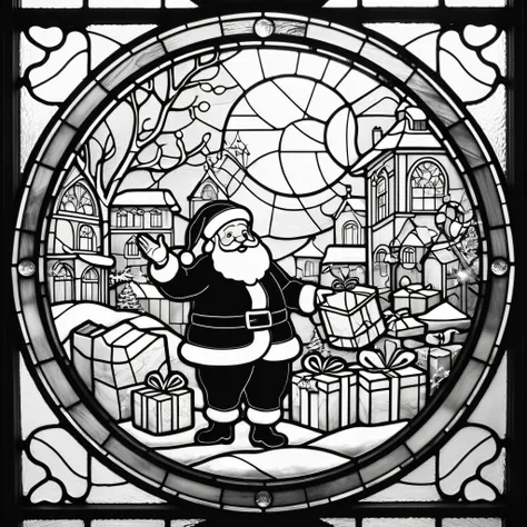 circle, simple line art, black and white, Stained glass design, without colored glass, composed only of lines, The theme is Santa Claus is busy delivering presents,