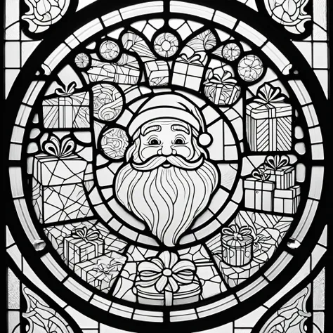 circle, simple line art, black and white, Stained glass design, without colored glass, composed only of lines, The theme is Santa Claus is busy delivering presents,