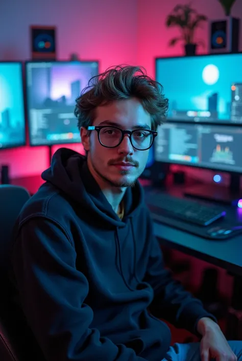 A computer setup room with multiple monitors, a chair, and LED lighting in the background. An 18-year-old man sits in a chair, his hair unkempt, a light beard, and glasses visible from the front, the overall atmosphere of the room is modern, tech-centric, ...