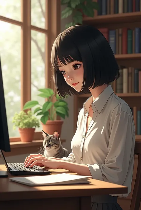  Japanese　woman　 bob cut　Novelist　 computer input　The cat is watching 