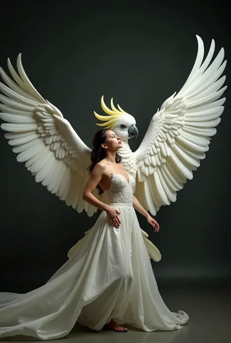 "A stunning scene in which a woman is seen dancing with a large, humanoid parrot with elegant white feathers and expressive faces. The parrot spreads its large wings, mirroring the graceful movements of the woman. The woman is dressed in a stylish dress, a...