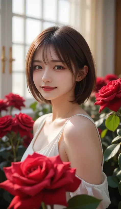 A girl surrounded by red roses, And sunlight shining through the window ,  creates a warm and inviting atmosphere ,   she was wearing wet pajamas ,   realistic ,  top quality , photo- realistic  8k, ( top quality :1.1), masterpiece, ( realistic :1.1), phot...