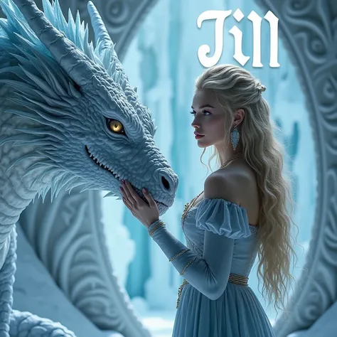 a beautiful blonde woman with a fierce ice dragon while stroking it with a background that says JILL