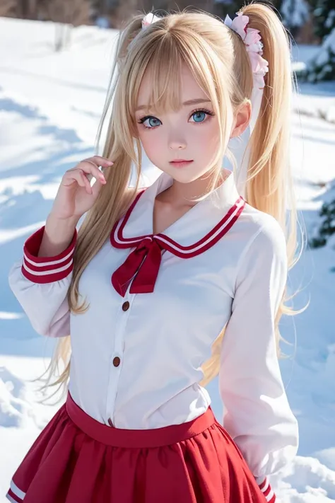 masterpiece.8k.bestquality.detailed.Realstic.ultra-detailed face.cuteeyes.whiteレオタード.twin tail. girl、Snow Scene、 high res,  anatomically correct ,  high definition model ,  very detailed,  textured skin ,  Smooth skin 、 clear outline、bangs, Blonde, hairpin...