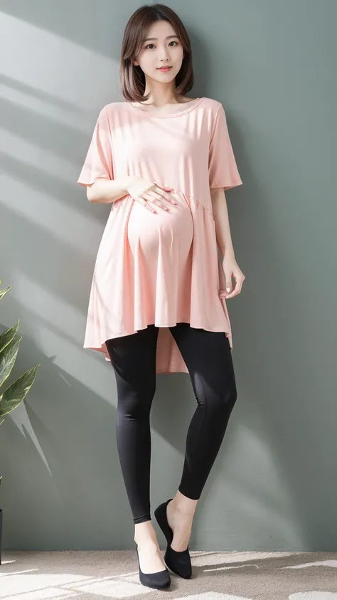 masutepiece, Best Quality, 8K,looking at the viewer,Japanese Lady,20 years old ,huge-breast, huge pregnant, Voluptuous, light color tunic dress and dark leggings,Standing,