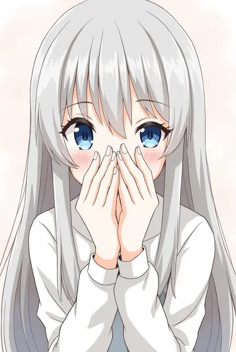 ((A girl covers her entire nose with her hand)),1girl, yoka, 1girl, ((long hair, blue eyes, very long hair, grey hair, blue hair, hair between eyes, I&#39;m covering my nose with my hand,covering face ,cover your face with your hands,cover your nose with y...