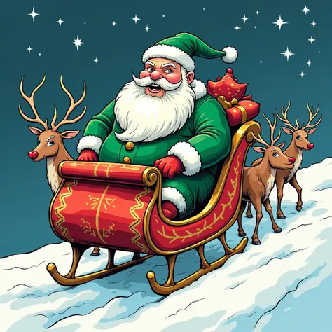 Its an ilustration in comics style. A santa claus (in white-green costume not red!) with sleigh with reindeer. Full-body portrait.