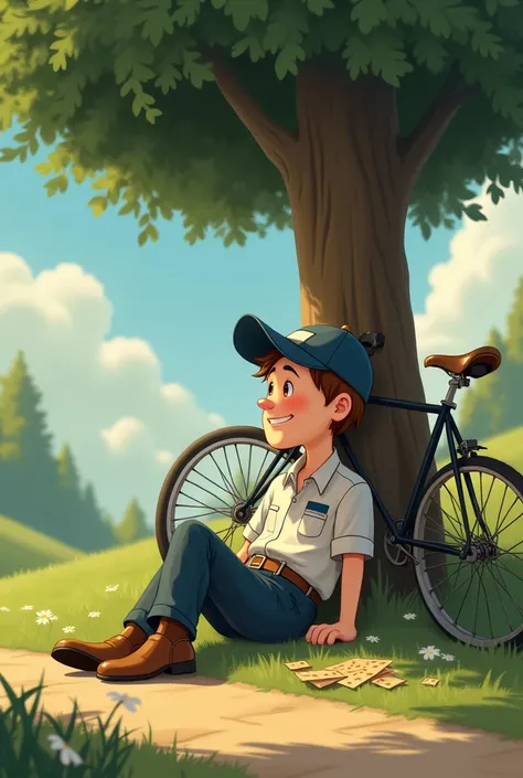  Please draw me a simple picture with a lazy and chaotic mailman,  who is sitting next to his bike leaning against a tree  , dreams to himself and misses his deliveries 