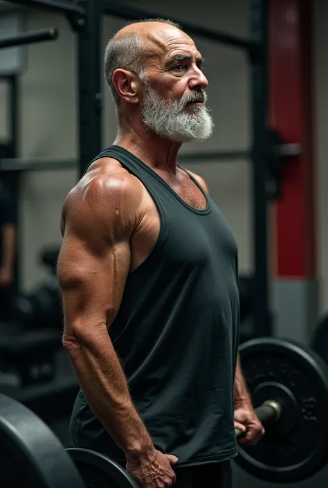 arafed man in a gym with a barbell in his hand, a photo inspired by Viktor Oliva, reddit, hurufiyya, he is about 60 years old, he is about 6 0 years old, arny freytag, he is about 50 years old, he is about 5 0 years old, in a gym