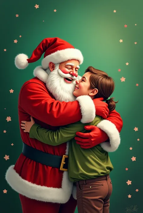 Text color: White on a green background.
Image: Santa hugging happy 