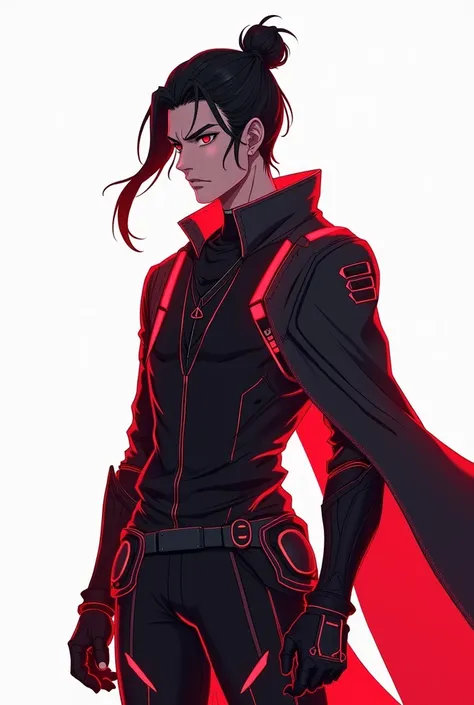 A striking anime-style character design of Daizen Akari, a 20-year-old warrior with a lean muscular athletic build. He has sharp, determined eyes and a tied man bun, giving him a modern samurai vibe. His outfit blends sleek futuristic cybernetic armor with...