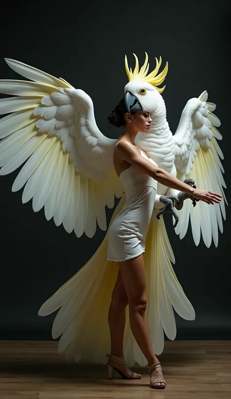 "A stunning scene in which a woman is seen dancing with a large, humanoid parrot with elegant white feathers and expressive faces. The parrot spreads its large wings, mirroring the graceful movements of the woman. The woman is dressed in a stylish dress, a...