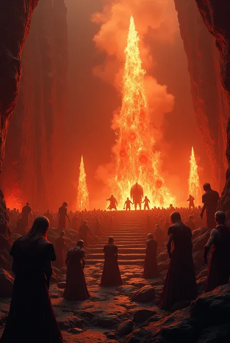 Create an atmosphere in a concert, like in hell, with heat, with fire, with dark tones, people posing on the rock.