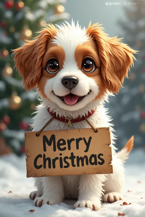 Kurk Rusell-style white and brown dog with a cardboard wishing Merry Christmas
