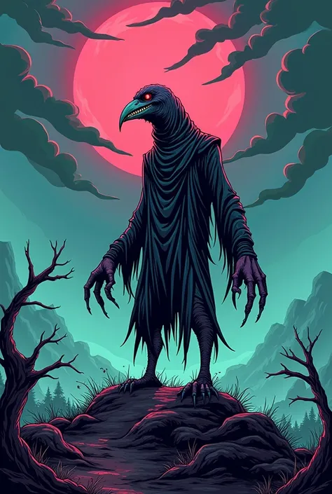 An eerie and grotesque monster standing on a hill under a dark, surreal sky. The design features a retro comic book style with high-contrast pink and teal colors. The monster has a deformed bird-like face, sharp teeth, tattered robes, and claw-like hands, ...