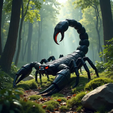 A massive, dangerous black scorpion from Greek mythology, prowling in a dense forest during daylight. The scorpions body is sleek and armored, its obsidian-black exoskeleton glistening under the filtered sunlight that pierces through the forest canopy. Its...