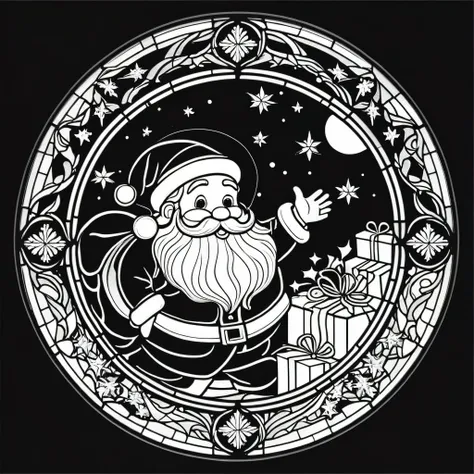 circle, simple line art, black and white, Stained glass design, without colored glass, composed only of lines, The theme is Santa Claus is busy delivering presents,