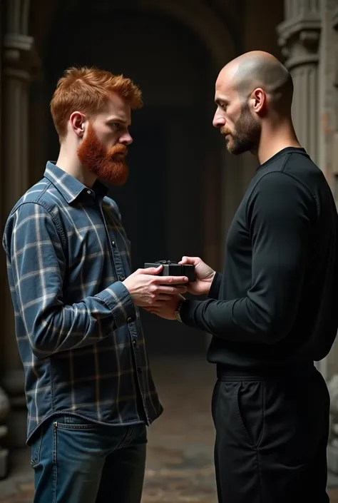 crie a imagem de um homem thin, red-haired, short red beard,  checkered long-sleeved blouse in shades of blue ,  jeans.  he is taking a small package wrapped in black paper from the hands of a tall man, thin, bald, deep and shiny eyes ,  black long-sleeved...