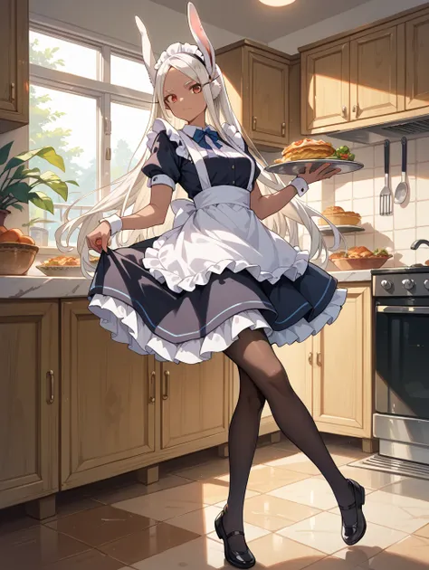 Mirko, dressed as a maid. Black stockings, black maid shoes, is in a kitchen, holding a plate