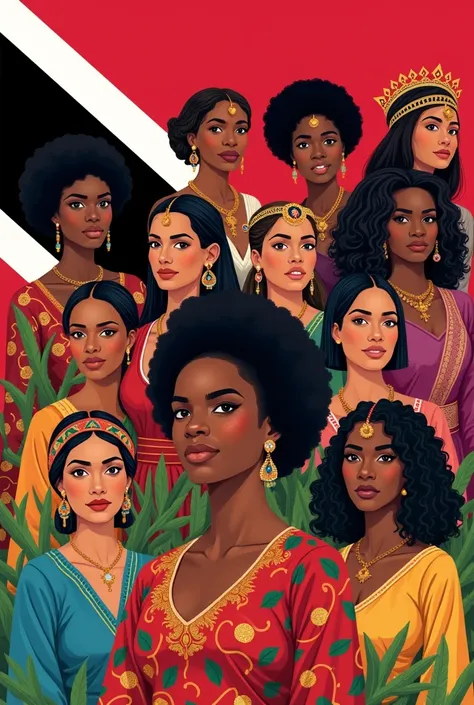 Make banner with 10 trinidad women from different heritages and put trinidad flag in background