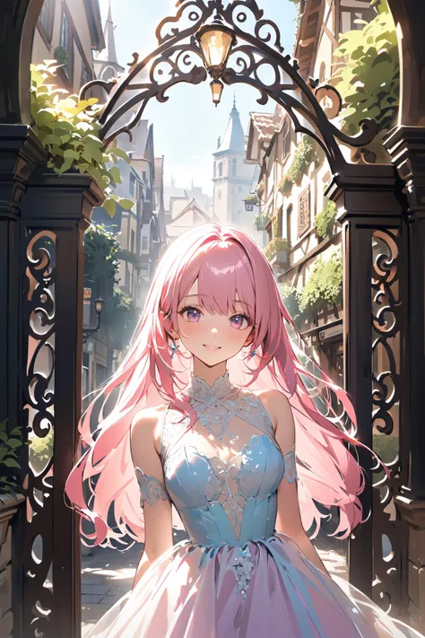 1 girl, (cute face), young adult, long straight hair, (serene smile), medium breasts, slender, (wearing a delicate fantasy dress:1.2), intricate lace details,  
BREAK  
large ornate gate, picturesque street with flowers, (entering the city:1.2), (taking a ...