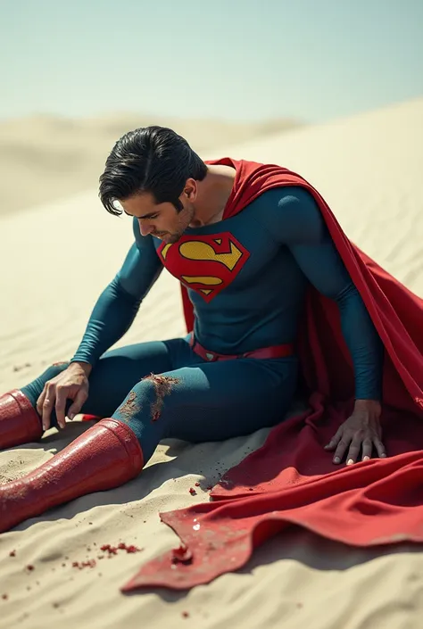 Super man, fallen on ground, white desert, sad, injured, in pain, about to dir, torn cloths, torn suit, bleeding, dusty, super realistic, skin details, photorealistic, full body, raw ptoto, attack, attackmode, minor details, superhero pose, new suit, high ...