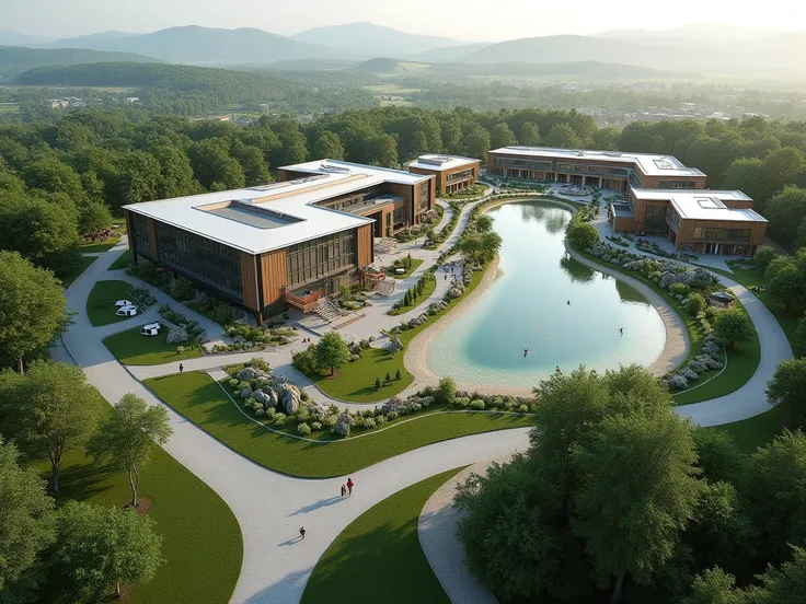 Bird’s-eye view of a vast wellness and rehabilitation complex spanning 1935 hectares, seamlessly blending modern architecture with nature. At the center, a sleek main medical building with glass panels and steel accents is surrounded by landscaped gardens,...