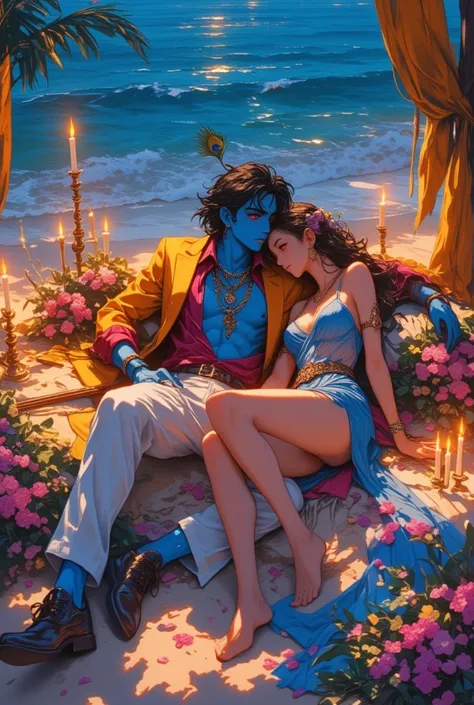 A bold and evocative artistic scene of Krishna and Radha on a serene moonlit beach, blending divine mythology with daring modern aesthetics. Krishna, with radiant blue skin, reclines confidently on luxurious bedding laid in the soft sand, surrounded by cas...