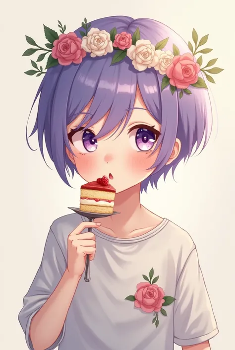 Semi-realism, boy with a purple short hime cut, split bang. Holding a spoon with a cake and a flower crown on his head