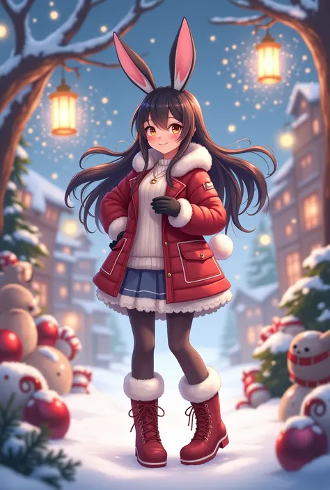 My OC Angie bunny black hair with rose gold and so on winter clothes 
On her legs she wears stockings and colored boots and gloves, fireworks, Christmas and New Year.