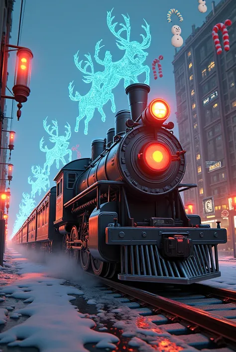 (A cyberpunk Christmas train:1.2) speeding through a surreal cityscape, neon lights reflecting off the trains polished chrome, flying holographic reindeer pulling the carriages, the landscape shifting into a patchwork dream with giant candy canes and melti...