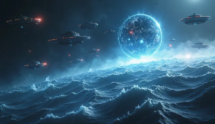 "Alien fleet above Earth, glowing force field encircling the planet, dramatic space-ocean scene, mysterious energy waves, futuristic ships, cosmic tension, Earth protected by luminous shield."






