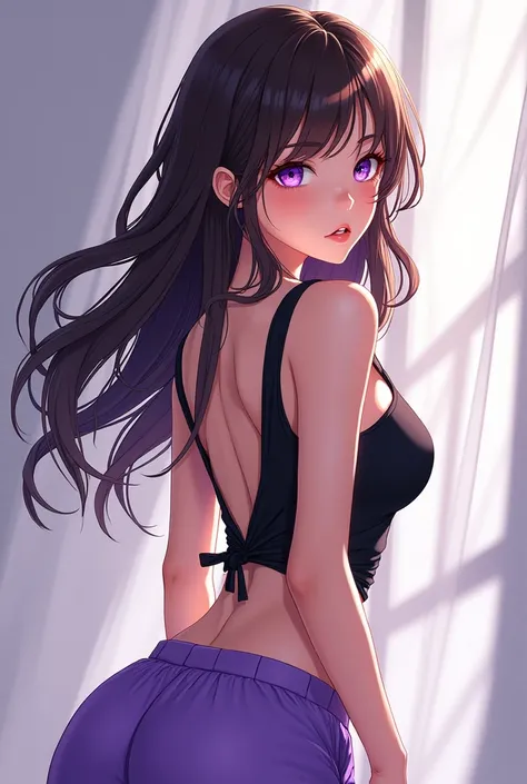  A Korean manga style girl,brown hair and violet eyes ,wearing a black top with an open back and loose purple shorts