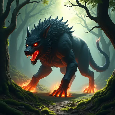 A dangerous hellhound from Greek mythology prowling in a dense forest during daylight. The beast is enormous, with jet-black fur that seems to absorb the sunlight filtering through the trees. Its three massive heads snarl menacingly, each baring razor-shar...