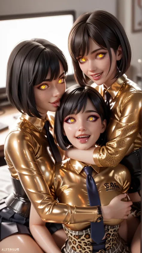 3 girls, In extremely tight shiny golden latex polo shirt , bob cut,  black hair , Lens reflection,  reflecting light ,  high resolution ,  masterpiece,  are in the apartment and sitting at the TV, startled, glowing eyes, smile, saliva, salivafluss, saliva...