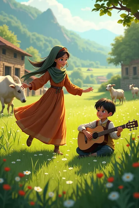 generate a image of dancing pashtoon girl and a boy is with guitar  in a green meadow with cow and goat in the backgroun is village 