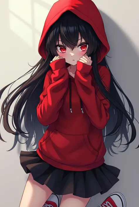 anime Girl with long black hair Red hoodie Black skirt Red sneakers Red eyes Put on a hood to cover your head 