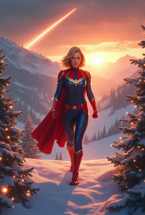  Captain Marvel at super Christmas , Bethlehem portal  , snowy valley, Horizon sunrise , shooting star,  giant Christmas tree, Burning lights  