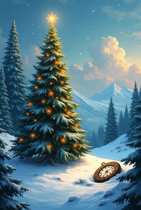 Christmas card ,  that shows a beautiful Christmas tree . I want a landscape composition ,  full of magic and that has some detail of an old cog of a clock