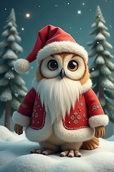 Create an image of an owl dressed as Santa Claus