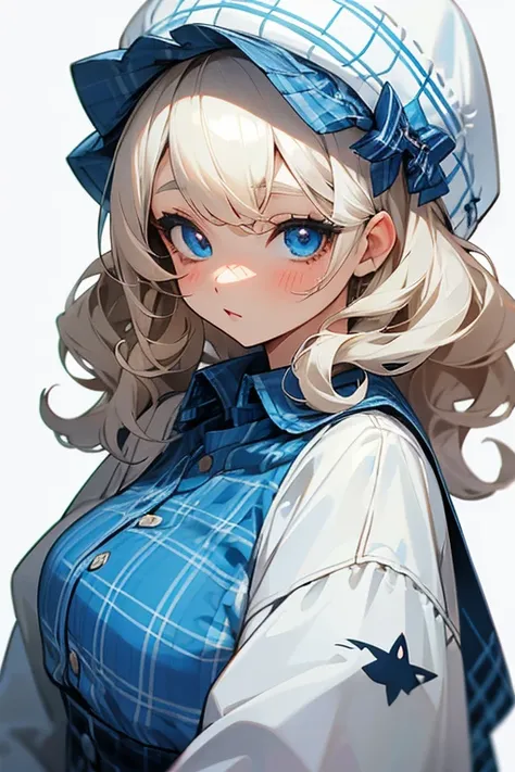  platinum blonde girl with curly hair, Cute clothes、(( white and blue plaid hat )).((anime female eyes :1.25)).