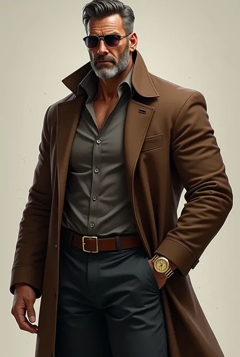 A middle-aged ,stubble beard,Muscular man with short dark hair wearing a Brown overcoat with face scars  , an golden watch on his overcoat and luxury Dark square glasses (the lenses are dark)