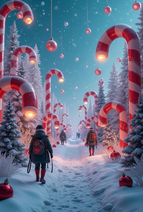 A surreal Christmas dreamscape, a patchwork landscape of melting snowmen and giant candy canes beneath a sky filled with floating holographic ornaments, cyberpunk-dressed elves navigate the whimsical terrain, and the architecture blends steampunk aesthetic...