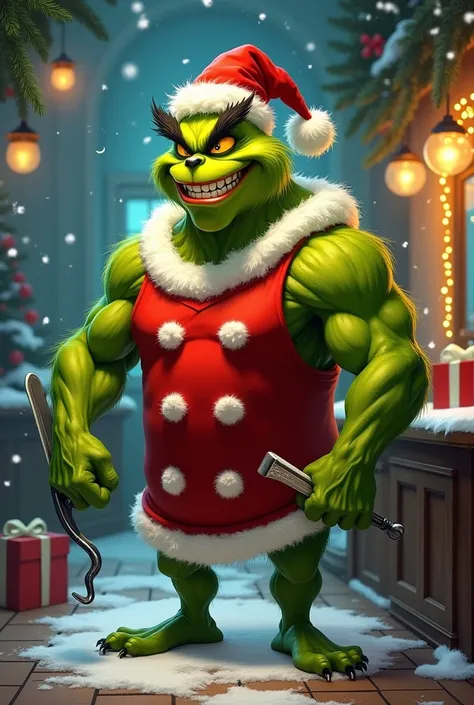  cartoon style, grinch, muscular, male Barber , Christmas costume ,  with barber utensils in his hands