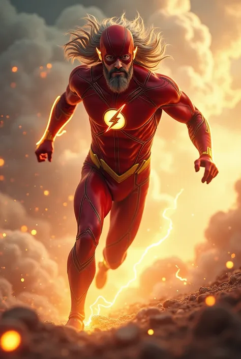 create hyper realistic zeus use the flash costum not use the mask, not have mask and running so fast
