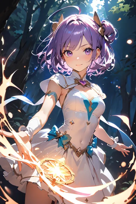 1 girl, (cute face), young adult, short curly hair, (determined expression), small breasts, fit, (wearing a stylish magical girl uniform:1.2), sleek design with glowing patterns,  
BREAK  
lush enchanted forest, glowing flowers around her, (preparing to un...